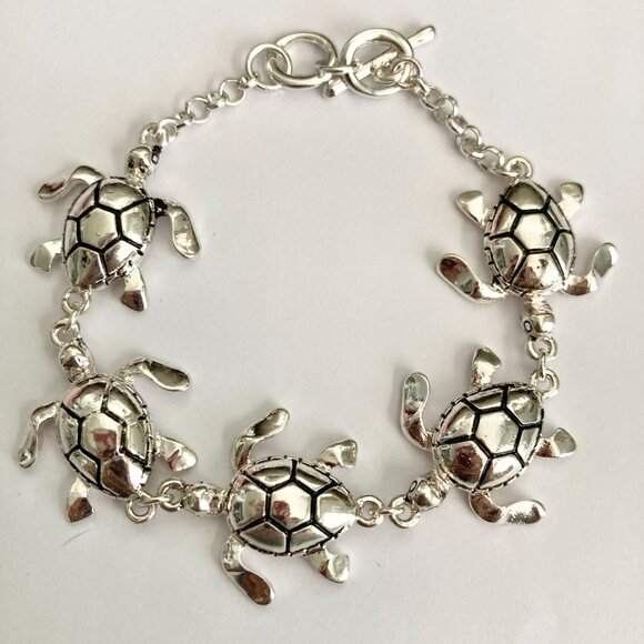 Silver Sea Life Turtle Charm Bracelet Beach Island 7.5" Plated Toggle Clasp - - Picture 5 of 12